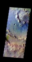 The THEMIS camera contains 5 filters. The data from different filters can be combined in multiple ways to create a false color image. This image from NASA's 2001 Mars Odyssey spacecraft shows part of Martin Crater.