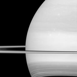 NASA's Cassini spacecraft looks toward the brilliant disk of Saturn, surrounded by the icy lanes of its rings. Faint wisps of cloud are visible in the atmosphere. At bottom, ring shadows trace delicate, curving lines across the planet.