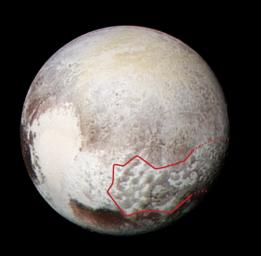 The red outline in this global view of Pluto from NASA's New Horizons marks the large area of mysterious, bladed terrain extending from the eastern section of the large feature informally named Tombaugh Regio.