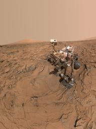 This self-portrait of NASA's Curiosity Mars rover shows the vehicle at a drilled sample site called 'Okoruso,' on the 'Naukluft Plateau' of lower Mount Sharp.