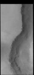 This image captured by NASA's 2001 Mars Odyssey spacecraft location is slightly east of Monday's image. In this image the polar scarp (called Tenuis Rupes) bisects the image.