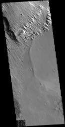 This image captured by NASA's 2001 Mars Odyssey spacecraft is located near Memnonia Sulci, on the edge of Lucus Planum.