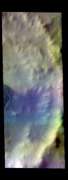 The THEMIS camera contains 5 filters. The data from different filters can be combined in multiple ways to create a false color image. This image from NASA's 2001 Mars Odyssey spacecraft shows some of the dunes on the floor of Wegener Crater.