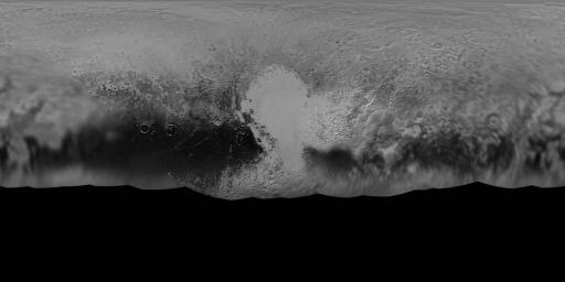 NASA's New Horizons mission science team has produced this updated panchromatic (black-and-white) global map of Pluto. The map includes all resolved images of Pluto's surface acquired between July 7-14, 2015.