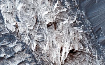 Melas Chasma is the widest segment of Valles Marineris, the largest canyon in the Solar System as seen by Mars Reconnaissance Orbiter spacecraft. In this region, hydrated sulfate salts have been detected.