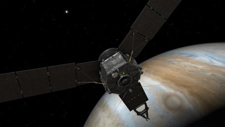 This illustration depicts NASA's Juno spacecraft at Jupiter, with its solar arrays and main antenna pointed toward the distant sun and Earth.