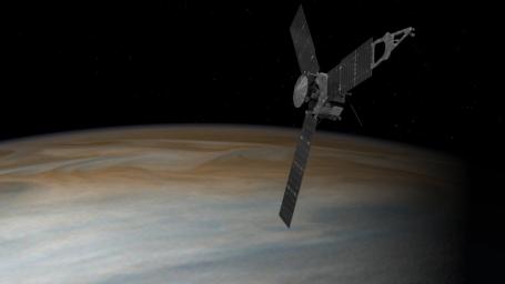 This illustration depicts NASA's Juno spacecraft in orbit above Jupiter. From its unique polar orbit, Juno will repeatedly dive between the planet and its intense belts of charged particle radiation.