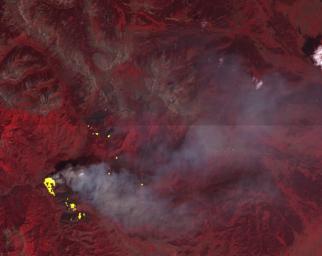 This image, captured by NASA's Terra spacecraft on July 27, 2016, shows the Lava Mountain fire in Wyoming where several small towns have been evacuated.