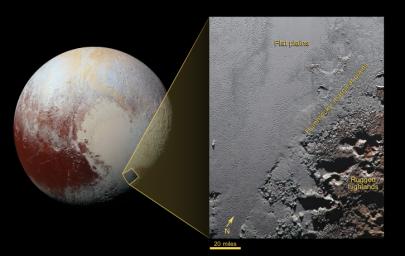 This enhanced color view from NASA's New Horizons spacecraft zooms in on the southeastern portion of Pluto's great ice plains, where at lower right the plains border rugged, dark highlands informally named Krun Macula.