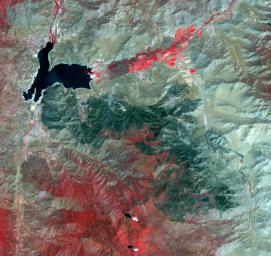 The Erskine wildfire, northeast of Bakersfield, California, is the state's largest to date in 2016. After starting on June 23, the fire has consumed 47,000 acres. This image is from NASA's Terra spacecraft.