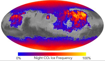 This map shows the frequency of carbon dioxide frost's presence at sunrise on Mars, as a percentage of days year-round, based on data from NASA's Mars Reconnaissance Orbiter.