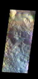 The THEMIS camera contains 5 filters. The data from different filters can be combined in multiple ways to create a false color image. This image from NASA's 2001 Mars Odyssey spacecraft shows Pyrrhae Chaos.