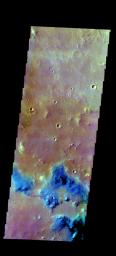 The THEMIS camera contains 5 filters. The data from different filters can be combined in multiple ways to create a false color image. This image from NASA's 2001 Mars Odyssey spacecraft shows part of Margaritifer Terra.