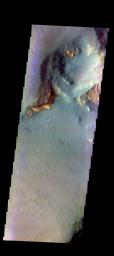 The THEMIS camera contains 5 filters. The data from different filters can be combined in multiple ways to create a false color image. This image from NASA's 2001 Mars Odyssey spacecraft shows part of Capri Mensa.