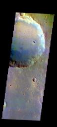 The THEMIS camera contains 5 filters. The data from different filters can be combined in multiple ways to create a false color image. This image from NASA's 2001 Mars Odyssey spacecraft shows part of Bamba Crater located in Xanthe Terra.