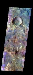 The THEMIS camera contains 5 filters. The data from different filters can be combined in multiple ways to create a false color image. This image from NASA's 2001 Mars Odyssey spacecraft shows some of the plains of Sabaea Terra.