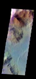 The THEMIS camera contains 5 filters. The data from different filters can be combined in multiple ways to create a false color image. This image from NASA's 2001 Mars Odyssey spacecraft shows part of Ausonia Montes.