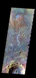 The THEMIS camera contains 5 filters. The data from different filters can be combined in multiple ways to create a false color image. This image from NASA's 2001 Mars Odyssey spacecraft shows some of the plains of Terra Sirenum.