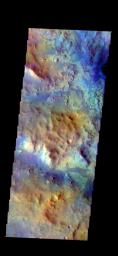The THEMIS camera contains 5 filters. Data from different filters can be combined in multiple ways to create a false color image. This image from NASA's 2001 Mars Odyssey spacecraft shows some of the highlands between the multiple graben of Nili Fossae.