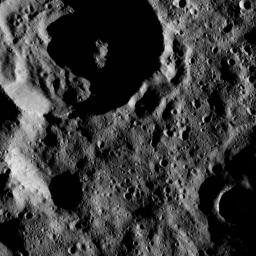 Terrain shown in this view from Ceres lies within the large, southern hemisphere impact basin named Zadeni. NASA's Dawn spacecraft took this image on June 17, 2016.