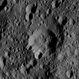 An area along the rim of the crater at the center of this view from NASA's Dawn spacecraft, has collapsed, producing a lobe-shaped feature where the material settled.
