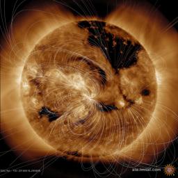 Each day NASA solar scientists produce overlays (in white lines) that show how magnetic field lines above the sun are configured (June 16, 2016). The lines are tightly bundled near the lighter-toned active regions, which are magnetically intense regions.