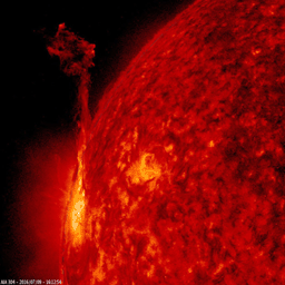 One active region at the edge of the Sun pushed out about ten thrusts of plasma in just over a day long period as observed by NASA's Solar Dynamics Observatory on July 9-10, 2016.
