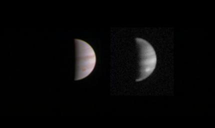 This dual view of Jupiter was taken on August 23, when NASA's Juno spacecraft was 2.8 million miles (4.4 million kilometers) from the gas giant planet on the inbound leg of its initial 53.5-day capture orbit.