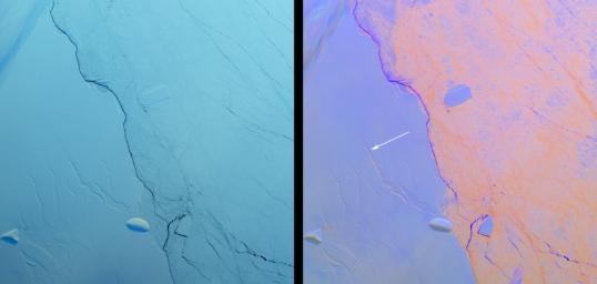 These images from NASA's Terra satellite shows a large crack in the Larsen C shelf that has grown by another 13 miles in the past six months. Larsen C is the fourth largest ice shelf in Antarctica.
