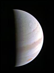 Jupiter's north polar region is coming into view as NASA's Juno spacecraft approaches the giant planet. This view of Jupiter was taken on August 27, when Juno was 437,000 miles (703,000 kilometers) away.