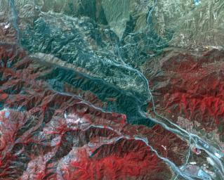 In San Bernardino County, California, the Blue Cut fire burned ferociously for one week starting Aug. 16, 2016. NASA's Terra spacecraft captured this image on Sept. 3, 2016. Healthy vegetation is depicted in red, with burnt areas in shades of black.