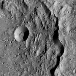 This view from NASA's Dawn spacecraft taken on May 29, 2016, shows the eastern rim of Gaue Crater on Ceres.