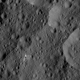 This view from NASA's Dawn spacecraft taken on May 29, 2016, shows terrain on Ceres centered at approximately 41 degrees north latitude, 308 degrees east longitude. Several features in this view display streaks and patches of bright material.