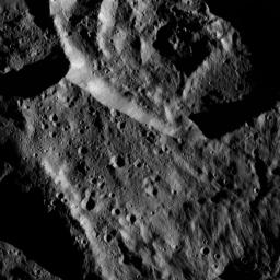 This image from NASA's Dawn spacecraft, taken on June 6, 2016, shows an area within the large crater Mondamin (78 miles, 126 kilometers wide) on Ceres.