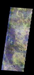 The THEMIS camera contains 5 filters. The data from different filters can be combined in multiple ways to create a false color image. This image from NASA's 2001 Mars Odyssey spacecraft shows part of the plains of Noachis Terra.