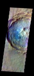 The THEMIS camera contains 5 filters. The data from different filters can be combined in multiple ways to create a false color image. This image from NASA's 2001 Mars Odyssey spacecraft shows an unnamed crater in Noachis Terra.