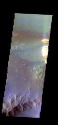 The THEMIS camera contains 5 filters. The data from different filters can be combined in multiple ways to create a false color image. This image from NASA's 2001 Mars Odyssey spacecraft shows part of Ganges Chasma.