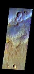 The THEMIS camera contains 5 filters. The data from different filters can be combined in multiple ways to create a false color image. This image from NASA's 2001 Mars Odyssey spacecraft shows part of the plains of Terra Cimmeria.