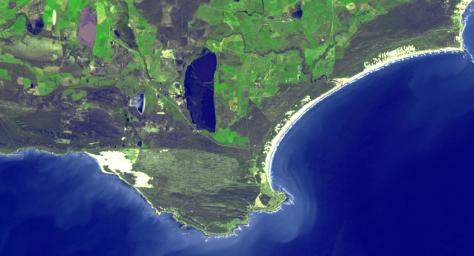 The southernmost tip of Africa is marked by the Cape Agulhas lighthouse, as shown in this image from NASA's Terra spacecraft.