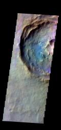 The THEMIS camera contains 5 filters. The data from different filters can be combined in multiple ways to create a false color image. This image from NASA's 2001 Mars Odyssey spacecraft shows part of a crater in Noachis Terra.