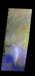 The THEMIS camera contains 5 filters. The data from different filters can be combined in multiple ways to create a false color image. This image from NASA's 2001 Mars Odyssey spacecraft shows part of the interior deposit of Firsoff Crater.