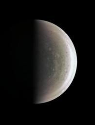 NASA's Juno spacecraft acquired this view of Jupiter's south polar region about an hour after closest approach on Aug. 27, 2016, when the spacecraft was about 58,700 miles (94,500 kilometers) above the cloud tops.