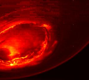 This infrared image from NASA's Juno provides an unprecedented view of Jupiter's southern aurora. Such views are not possible from Earth.