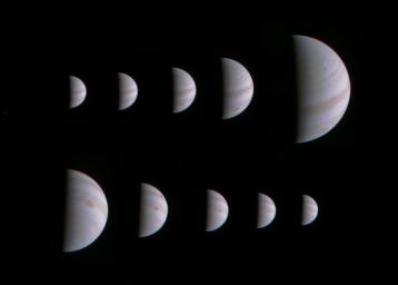 This montage of 10 JunoCam images shows Jupiter growing and shrinking in apparent size before and after NASA's Juno spacecraft made its close approach on August 27, 2016.