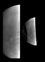 NASA's Juno spacecraft shows a southern hemisphere view of Jupiter shows the transition between banded structures near the equator and the more chaotic features near the polar region, as seen on August 27, 2016.