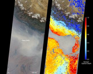 On Nov. 5, 2016, the MISR instrument aboard NASA's Terra satellite passed over New Delhi in the northern portion of the Himalayas, showing thick haze due to extreme air pollution.