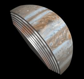 This composite image depicts Jupiter's cloud formations as seen through the eyes of NASA's Juno's Microwave Radiometer (MWR) instrument as compared to the top layer, a Cassini Imaging Science Subsystem image of the planet.