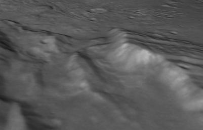 Scientists from NASA's New Horizons mission have spotted signs of long run-out landslides on Pluto's largest moon, Charon. This perspective view is of Charon's informally named Serenity Chasma.