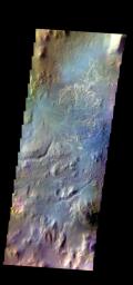 The THEMIS camera contains 5 filters. The data from different filters can be combined in multiple ways to create a false color image. This image from NASA's 2001 Mars Odyssey spacecraft shows the delta deposit in Eberswalde Crater.