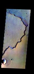 The THEMIS camera contains 5 filters. The data from different filters can be combined in multiple ways to create a false color image. This image from NASA's 2001 Mars Odyssey spacecraft shows part of the margin of Chryse Planitia.